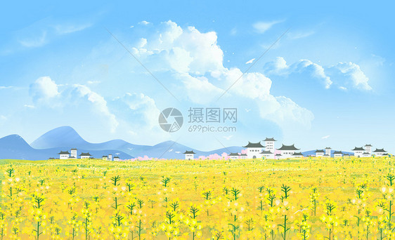 春天惊蛰油菜花海治风景插画图片