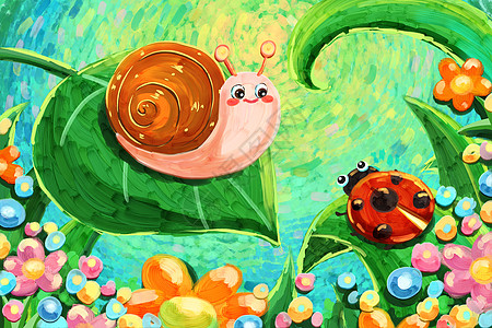油画风春天蜗牛与瓢虫插画图片