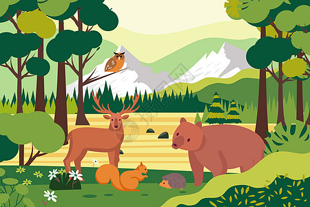 森林全景世界野生动物日森林动物插画