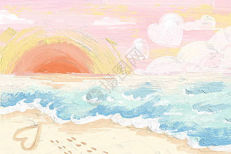 海边散步情人节小清新手绘油画风背景图片