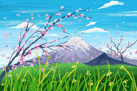 春天油画质感草地天空花朵雪山图片
