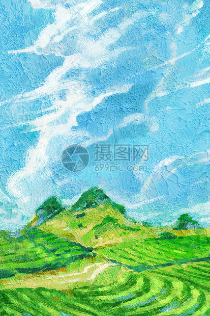 春天田野风光油画肌理插画图片