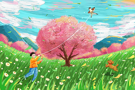 油画风春天春分樱花树下放风筝插画图片