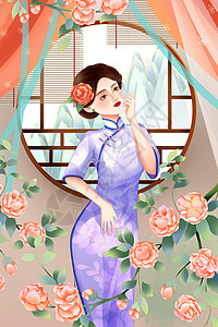 三月八日女神节民国风旗袍女性插画图片