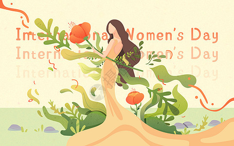 妇女节独立女性鲜花扁平风横版插画图片