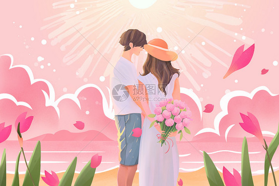 手绘粉色噪点风肌理年轻情侣情人节插画图片
