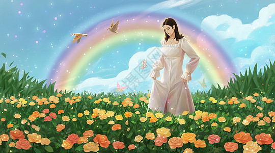 春天花丛中的女孩背景图片