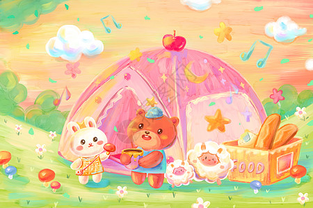 油画棒梦幻涂鸦春天露营的小动物插画图片