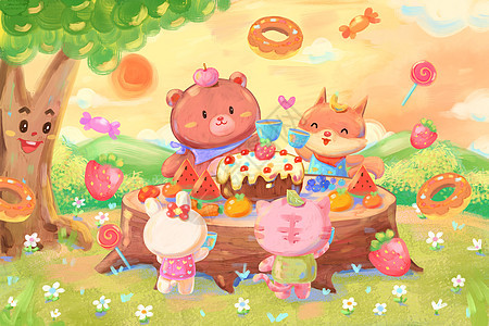 油画棒梦幻涂鸦春天野餐的小动物插画图片