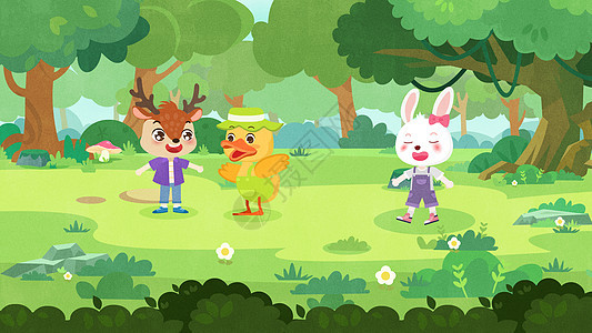 儿童插画之森林里正在捉迷藏玩耍的小动物们图片
