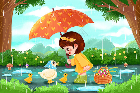 雨天给小鸭子撑伞的女孩插画图片