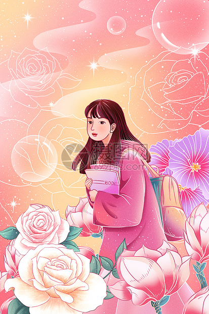 青春大学生妇女节唯美粉色手绘插画图片