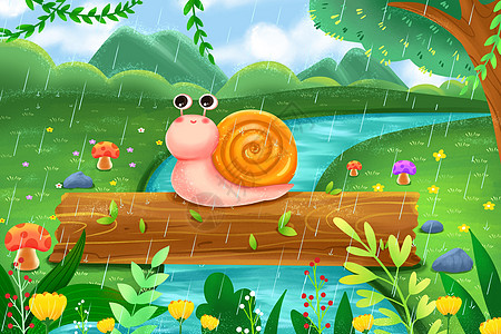 红木原木雨天的卡通小蜗牛卡通插画插画