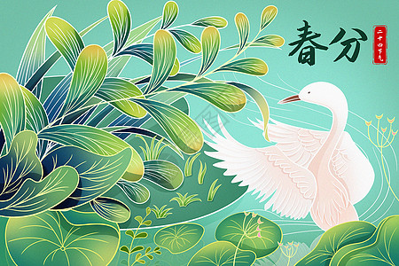 草丛边的大鹅春分节气插画海报图片