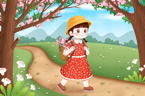 春天桃花树下的女孩图片