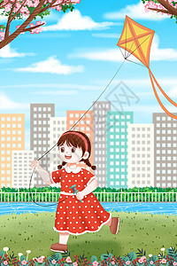 春天放风筝的小女孩背景图片