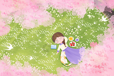 春天躺在草地上睡觉的小女孩和猫图片