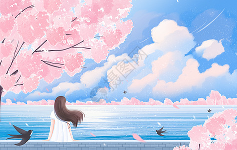 春天唯美治愈女生看樱花海边风景背景图片