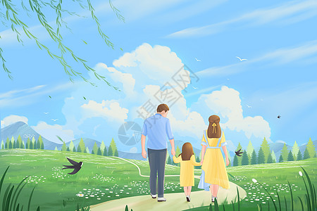 春天温馨一家人户外踏青赏花插画背景图片