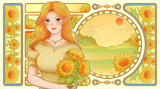 女神节妇女节少女向日葵花卉卡牌海报横版插画图片
