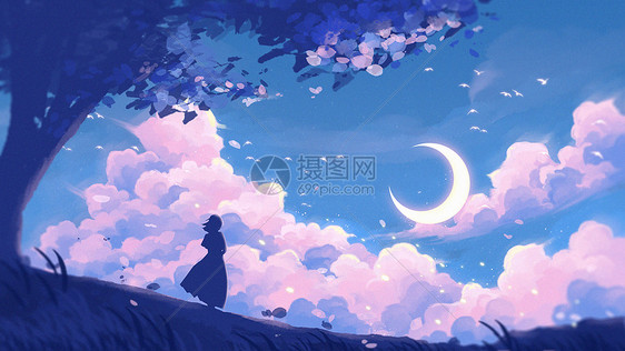 治愈小清新户外夜空唯美插画图片