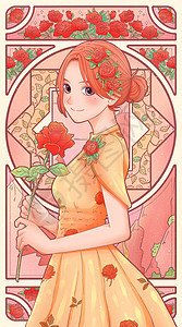 女神节妇女节少女玫瑰花卉竖版插画图片