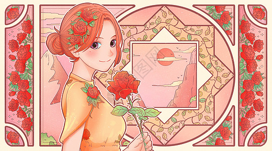 女神节妇女节少女玫瑰花卉卡牌横版插画图片