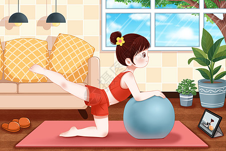 运动健身室内练瑜伽的女孩插画
