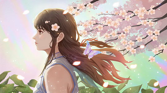 春日樱花树下少女背景图片