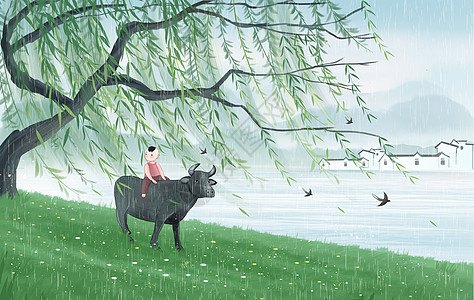 清明节牧童放牛娃的春天水墨背景插画背景图片