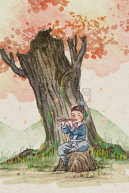 春天男孩在樱花树下吹笛子图片