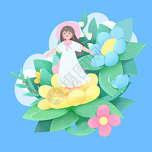 春季春游治愈系卡通花朵女孩背景图片