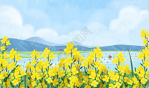 水稻海报春天清明节油菜花盛开的春天风景插画