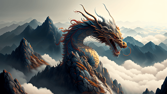 盘旋在山峰上的神龙数字艺术图片素材