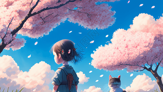 樱花树下的女孩和猫图片