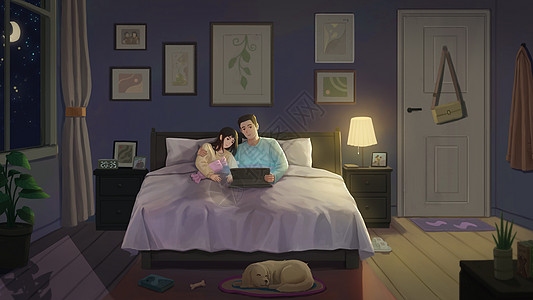 情侣床上情侣日常生活的小幸福插画