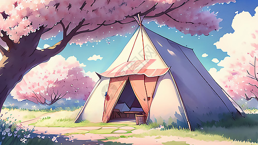 搭建在樱花树下的帐篷图片