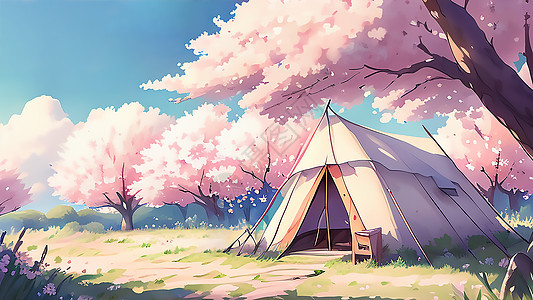 樱花树下的帐篷背景图片