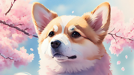 樱花树与可爱小狗背景图片