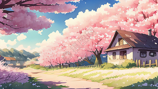 樱花树旁的木屋图片