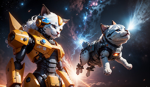 机械激光机械猫与机械狗的太空大战插画