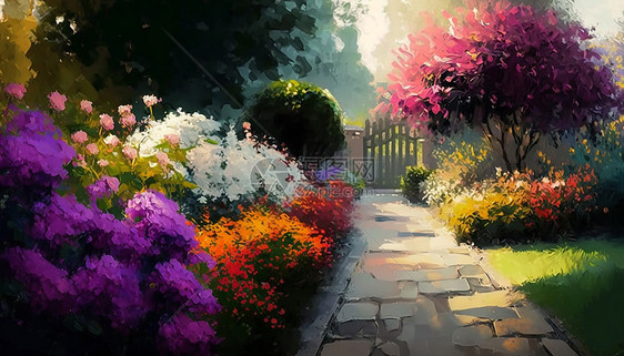 开满绚丽花朵的花园油画印象派图片