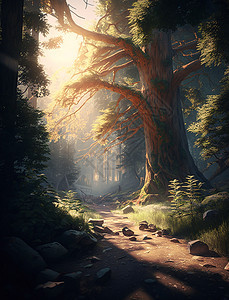夏天的森林阳光大树风景背景图片