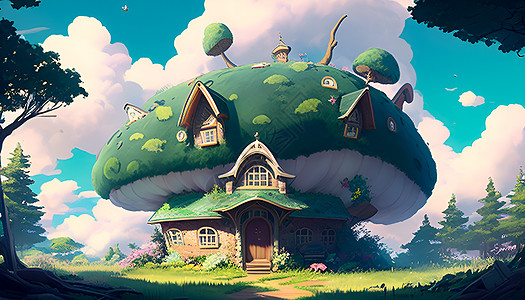 大绿色蘑菇房子背景图片