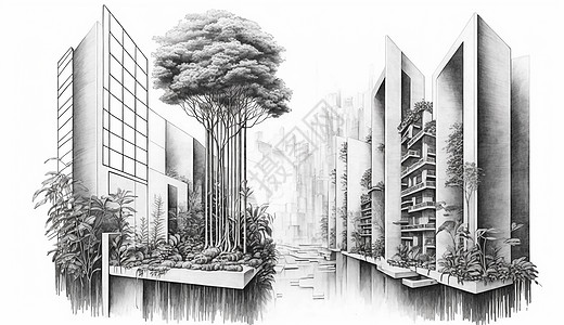 城市建筑线描黑白线描城市景观手绘禅宗文化插画