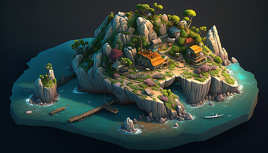 海边别墅25D模型户外岛屿等距风格图片
