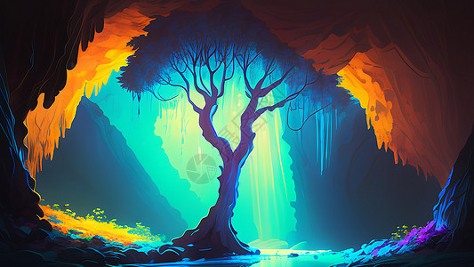 洞窟树背景图片