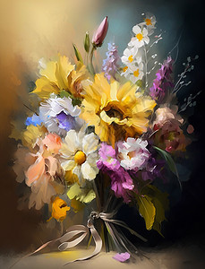 花束油画印象派向日葵非洲菊兰花图片