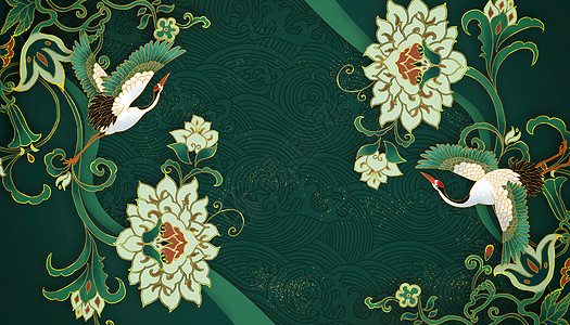 创意中式国潮绿金花纹背景图片