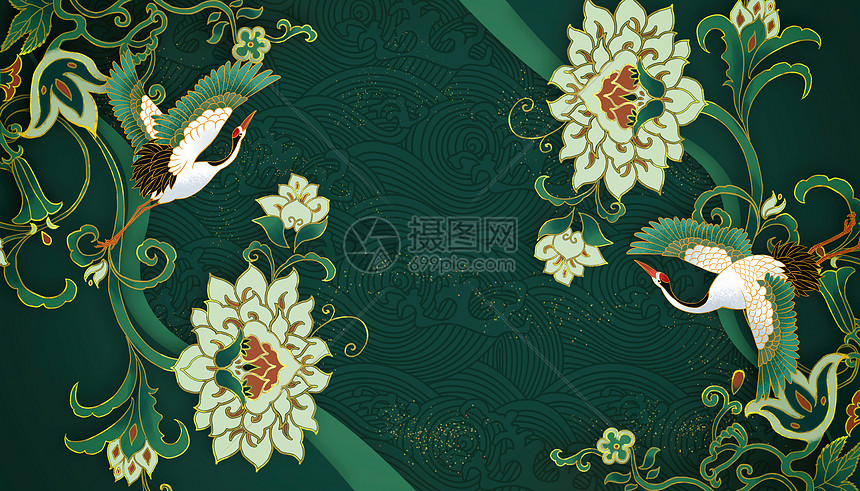 创意中式国潮绿金花纹背景图片